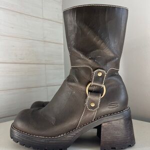 Vintage Skechers Dark Brown Leather Combat Moto Boots with Buckle